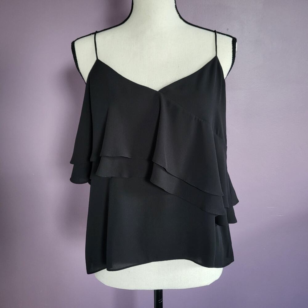 J. Crew Black Cropped Semi-Sheer Tiered Ruffle Spaghetti Strap Camisole Blouse